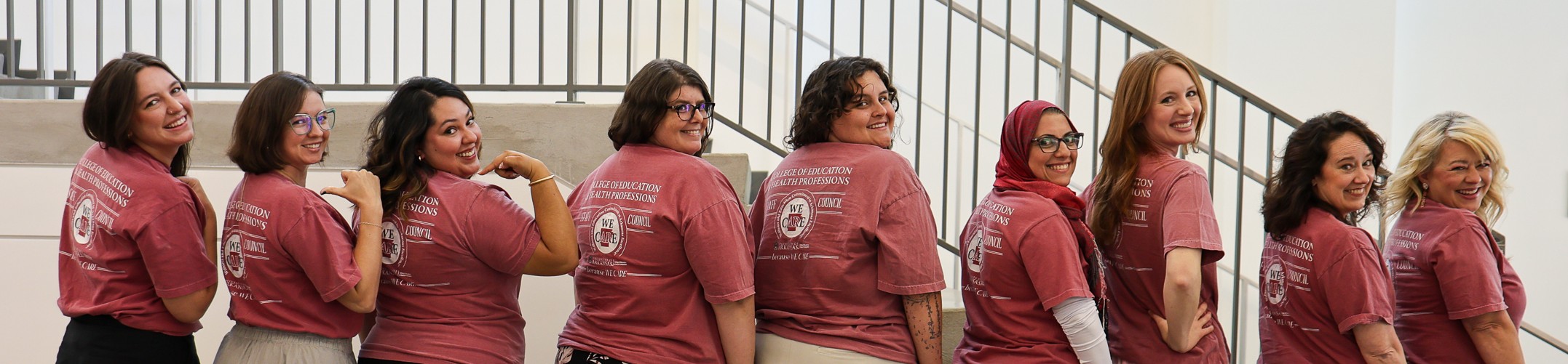 The 2026-2027 Staff Council includes Joanna Evans, Brittany Packard, Anaid Espinosa, Crystal Evans, Abi Powlowski, Yusra Abboud, Kay Brusca, Carmen Burasco and Leslie Shaw.