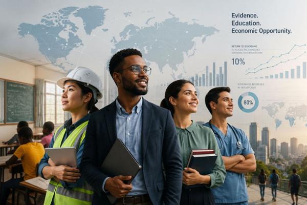 A group of men and women of various careers holding computers and books with a chart and world map.