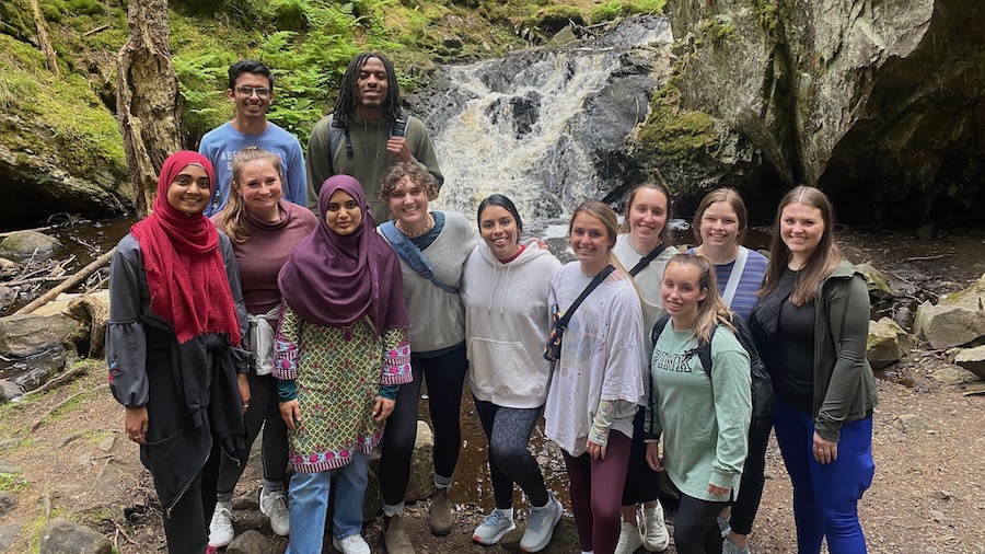 During a June 2022 Study Abroad trip to Sweden, students gather for a hike on the Hassafallsleden trail. They include Khadeeja Asif, Haris Rana, Sadie Stark, Haadiya Muhammad, Marcus Logan, Shaealynn Lander, Karina Escobar, Katelynn Kallodaychsak, Jordan Spangenberg, Kylee Buck and Haley Gaskill.